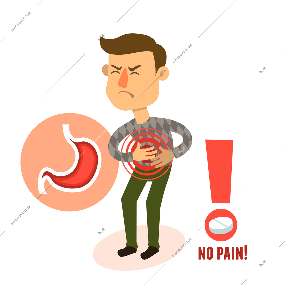 Sick stomach ache male person character with pill vector illustration