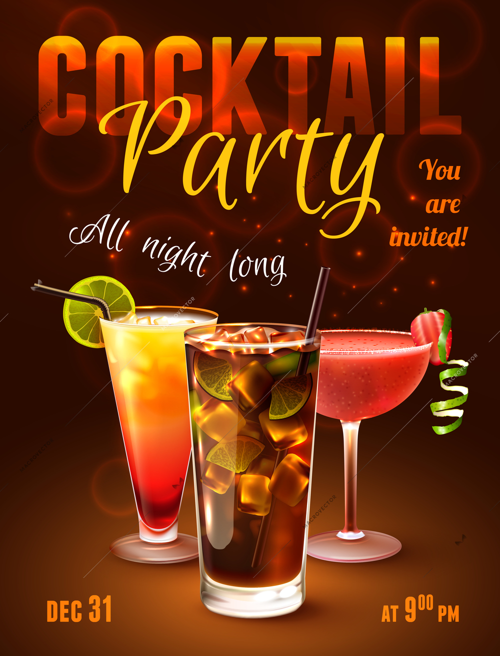 Cocktail party poster with alcohol drinks in glasses on dark background vector illustration.