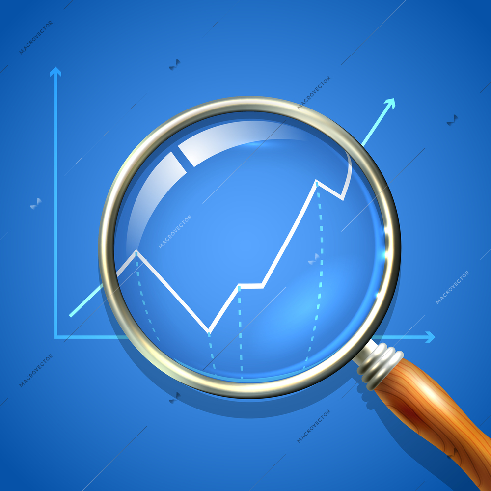 Magnifier and chart analysing business finance diagnostics data search concept vector illustration