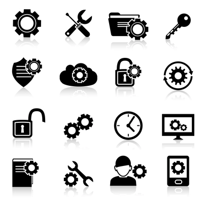 Mobile phone computer account settings security control black icons set isolated vector illustration.