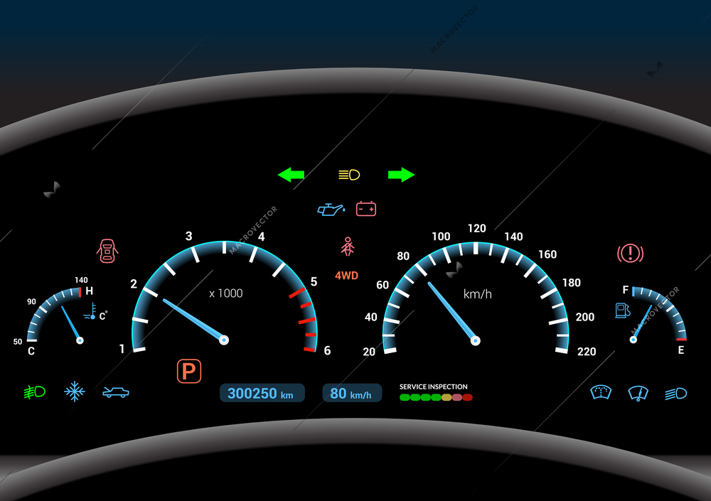 Car dashboard modern automobile control illuminated panel speed display vector illustration