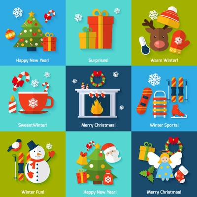 Winter and christmas concept set with happy new year surprise sports and fun elements isolated vector illustration