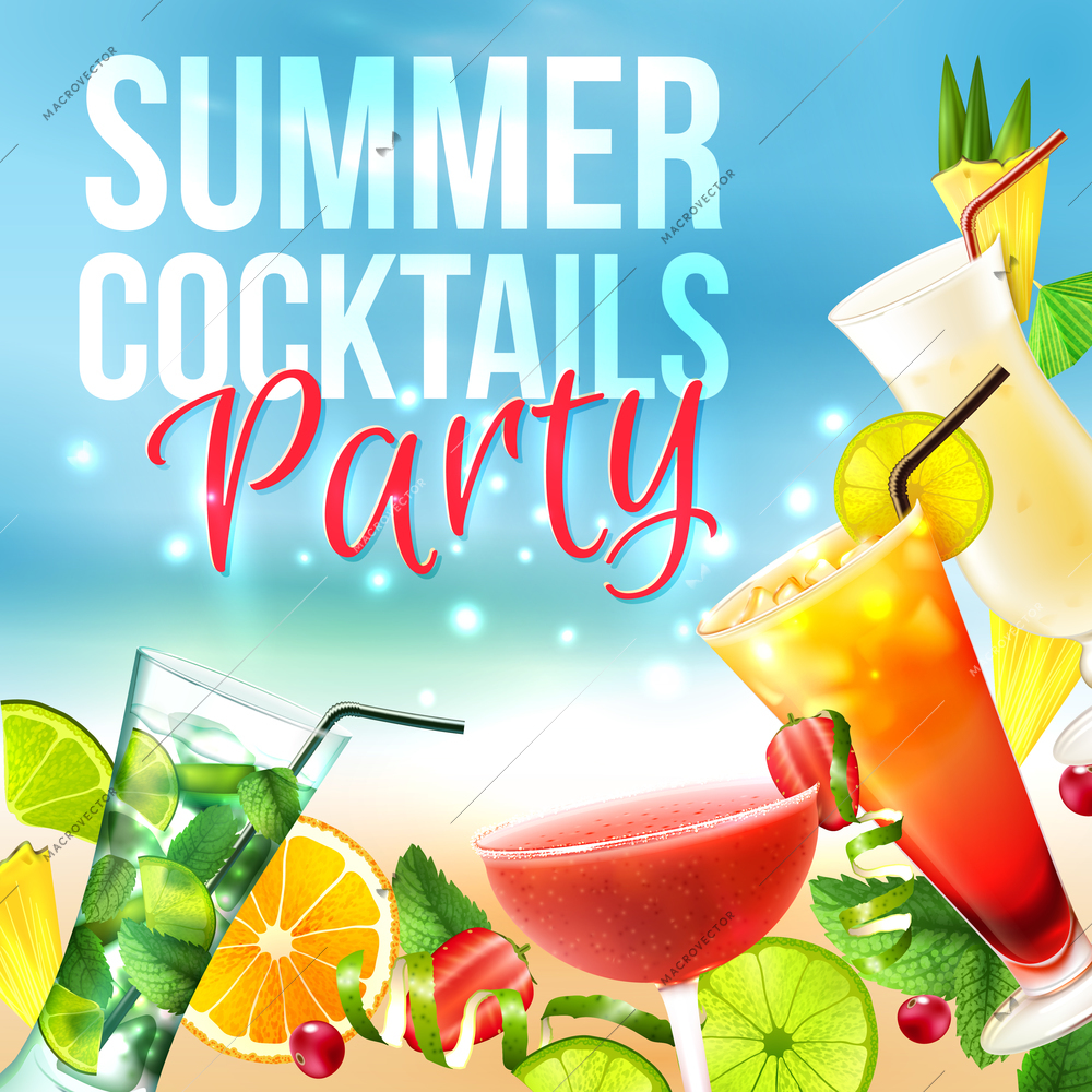 Cocktail party summer poster with alcohol drinks in glasses on blue background vector illustration