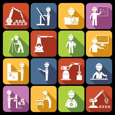 Engineering equipment technician person with work tools and gadgets white icons set isolated vector illustration