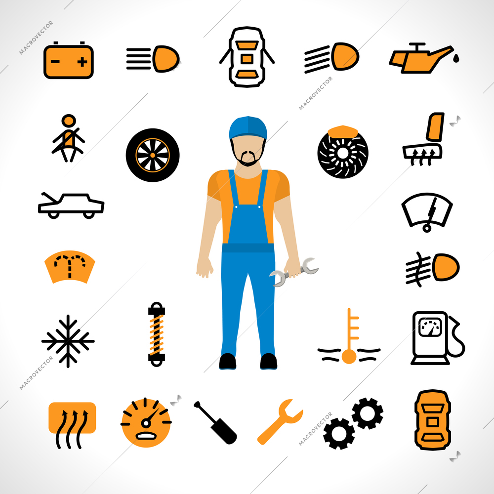 Car dashboard icons with auto mechanic repair set isolated vector illustration