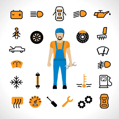 Car dashboard icons with auto mechanic repair set isolated vector illustration