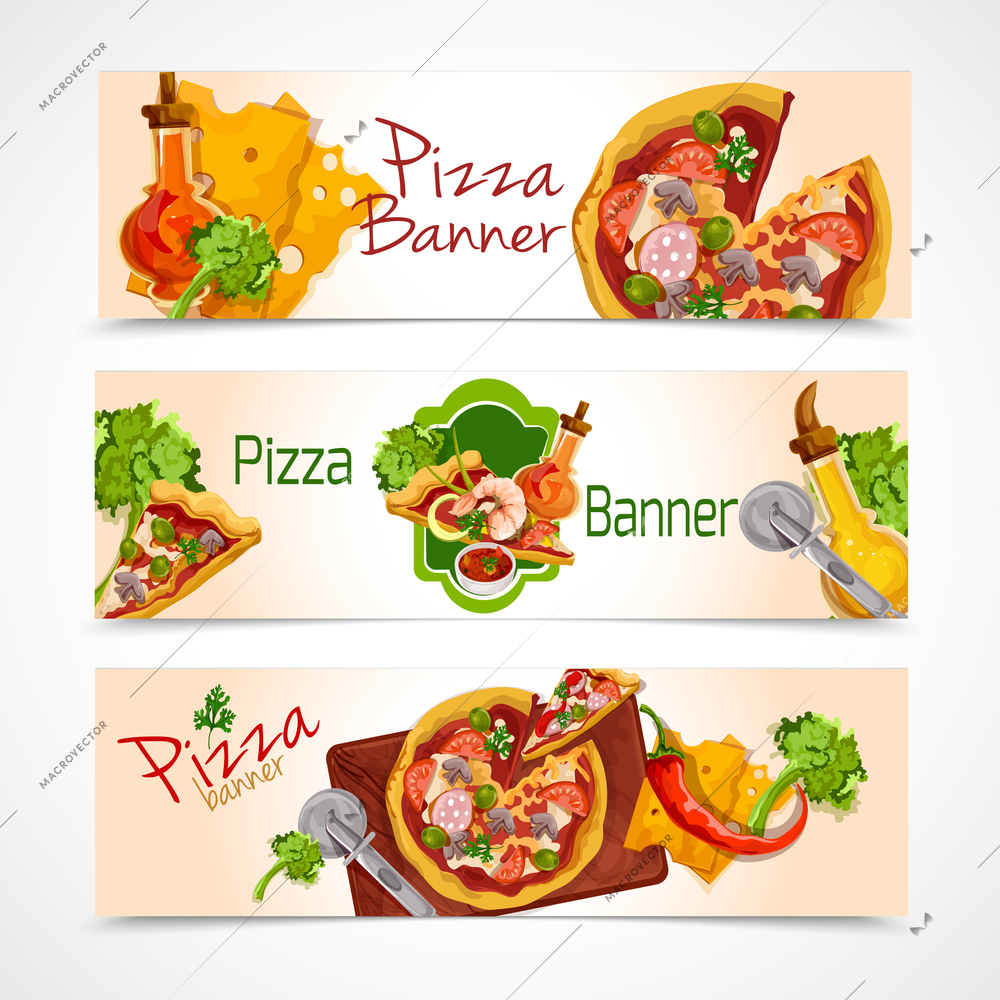 Delicious pizza cut food slices horizontal banners set isolated vector illustration