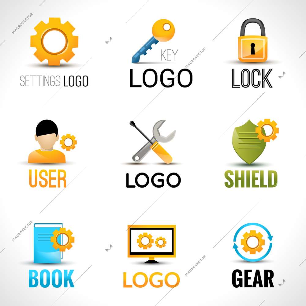 Settings key lock user shield book gear set isolated vector illustration