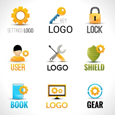 Settings key lock user shield book gear set isolated vector illustration