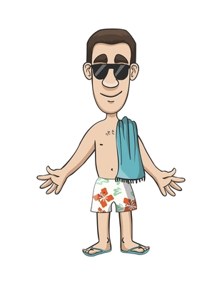 Vacation travel summer beach composition with isolated cartoon male character on blank background vector illustration