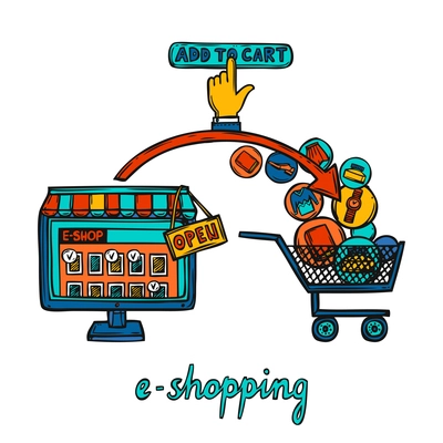 Internet shopping e-commerce online choice of goods purchase doodle design concept vector illustration