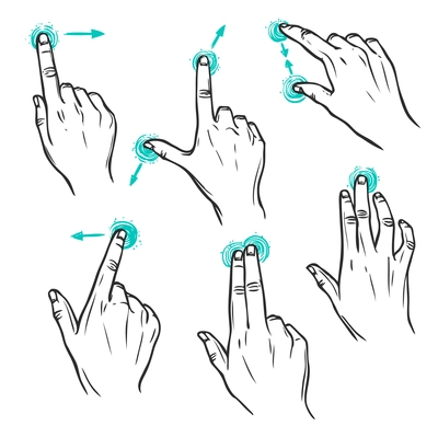 Touch screen interface hand gestures decorative sketch icons set isolated vector illustration