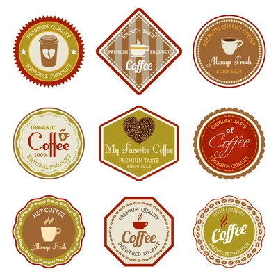 Coffee premium quality natural product smooth taste always fresh labels set isolated vector illustration.