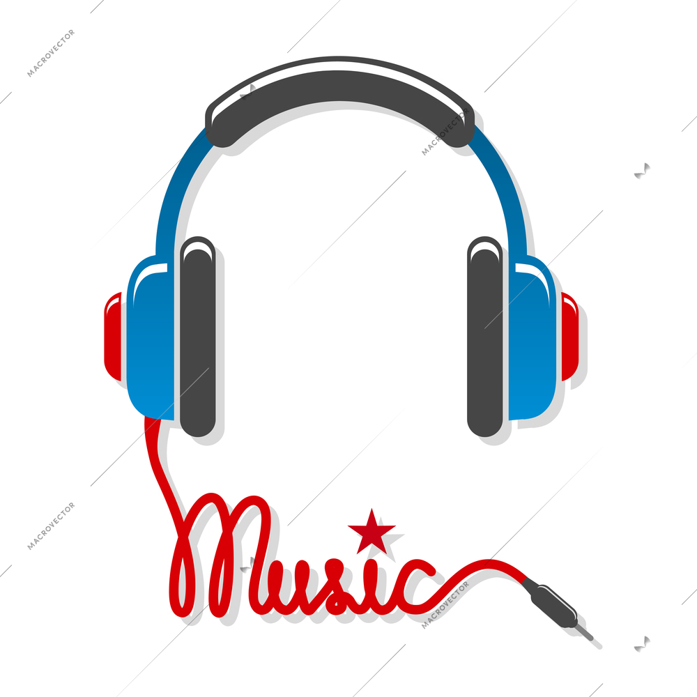 Headphones with cord and word music isolated vector illustration