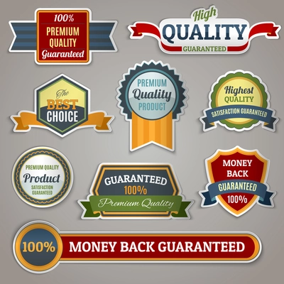 Colored premium quality products satisfaction guaranteed sticker labels set isolated vector illustration