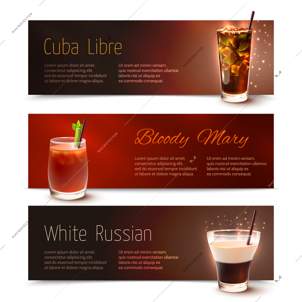 Cuba Libre Bloody Mary White Russian cocktails horizontal banner set isolated vector illustration