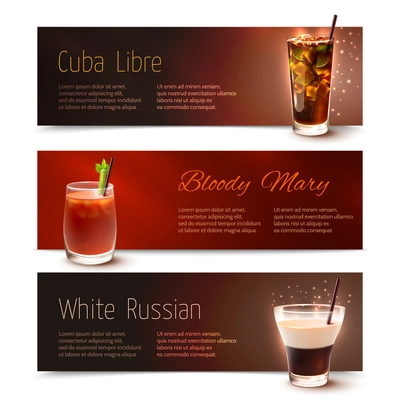 Cuba Libre Bloody Mary White Russian cocktails horizontal banner set isolated vector illustration
