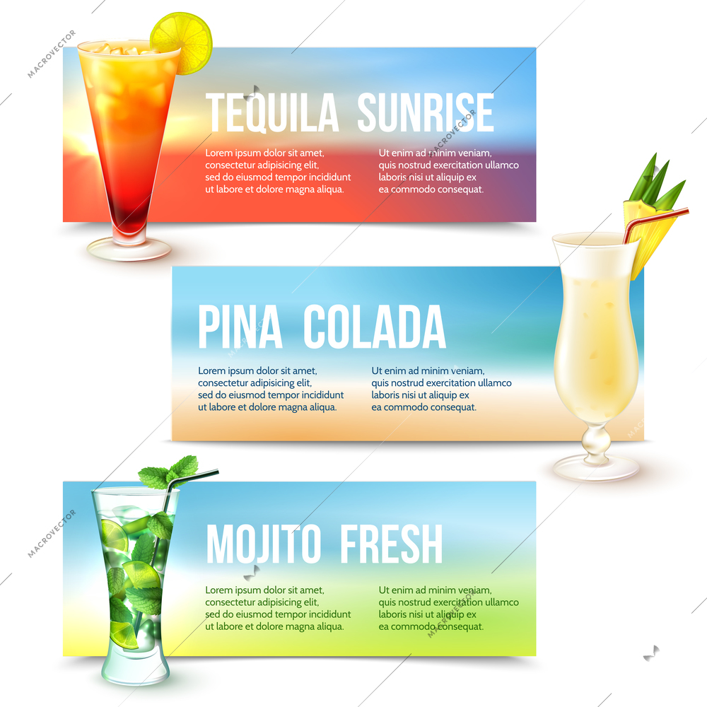 Tequila sunrise pina colada mojito fresh cocktails horizontal banner set isolated vector illustration