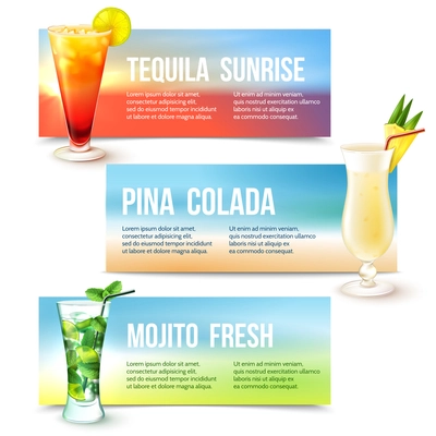 Tequila sunrise pina colada mojito fresh cocktails horizontal banner set isolated vector illustration