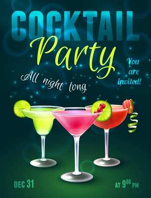 Cocktail party poster with alcohol beverages in glasses on dark blue background vector illustration.