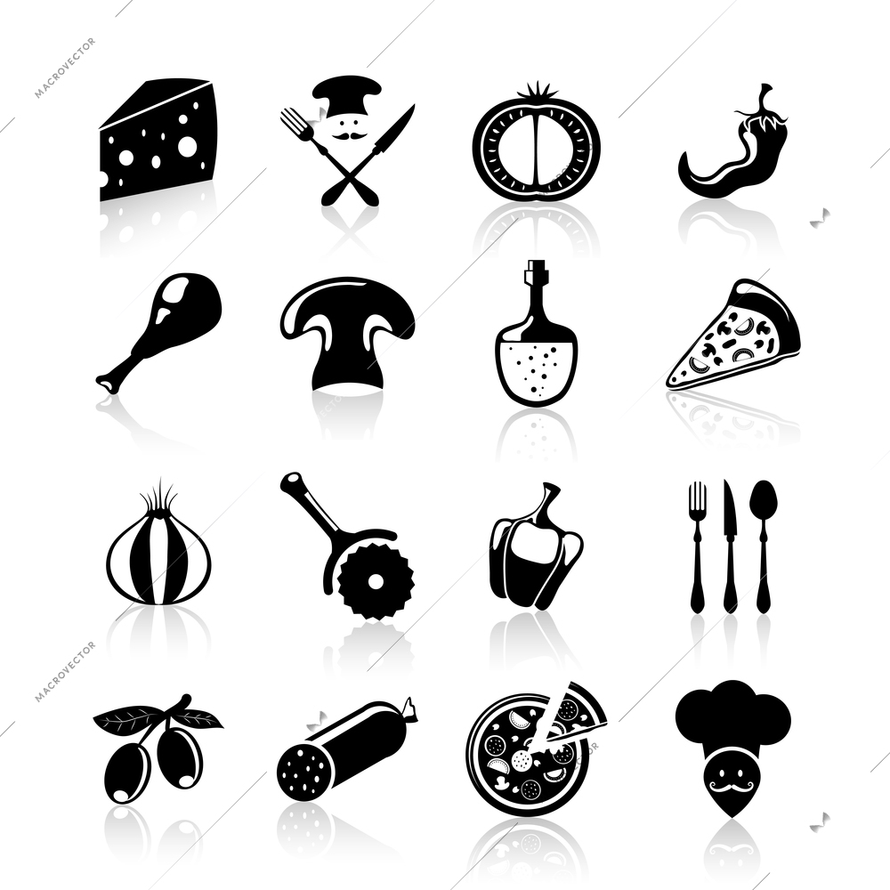 Pizzeria food icons black set with pizza slice pepper mushrooms onion isolated vector illustration