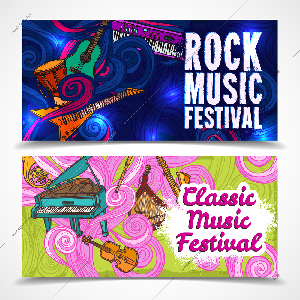 Classic and rock music festival horizontal banners set with piano guitar saxophone isolated vector illustration