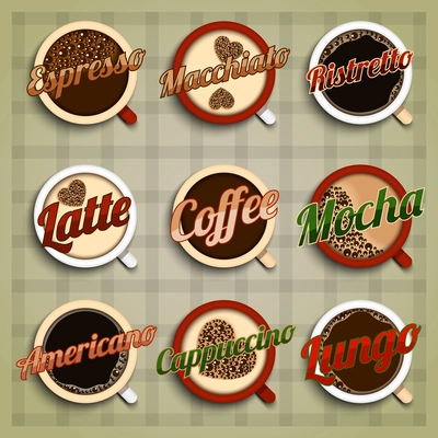 Coffee menu labels set with espresso macchiato ristretto latte mocha americano cappuccino lungo isolated vector illustration