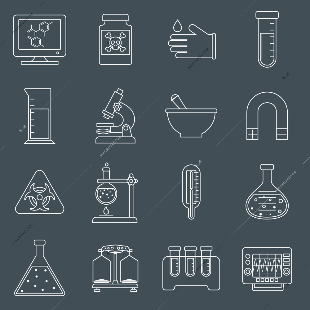 Science and research laboratory outline line icons set with hazard sign beaker thermometer flask isolated vector illustration