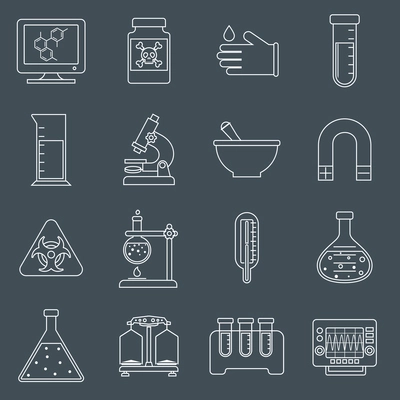 Science and research laboratory outline line icons set with hazard sign beaker thermometer flask isolated vector illustration