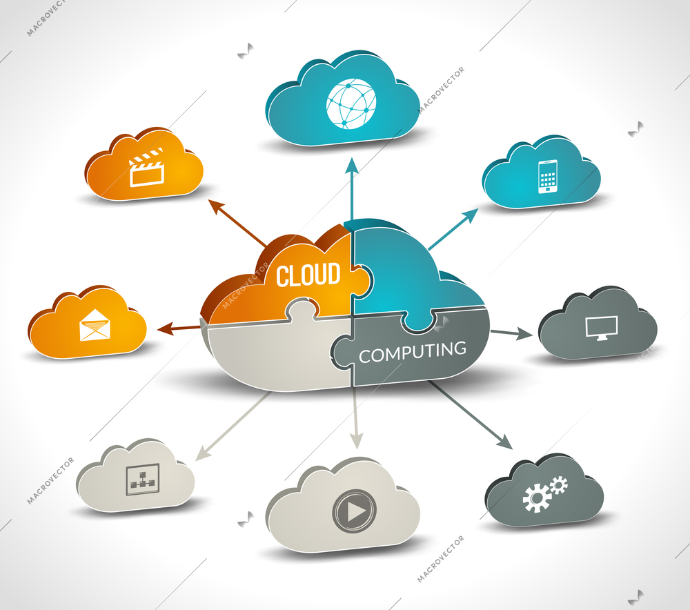 Cloud computing infographics set with 3d chart and data processing networking elements vector illustration