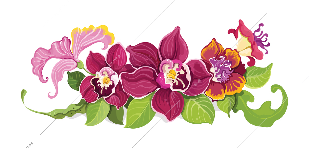 Colorful tropical summer flower garland composition with decorative flowers and leaves vector illustration