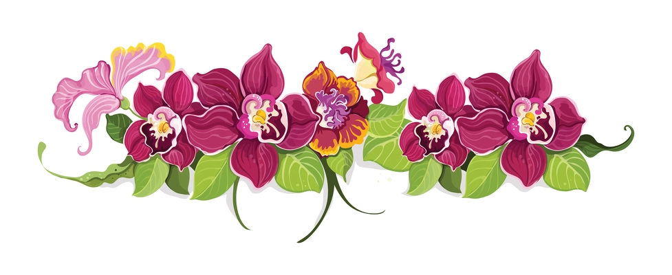 Colorful tropical summer flower garland composition with decorative flowers and leaves vector illustration