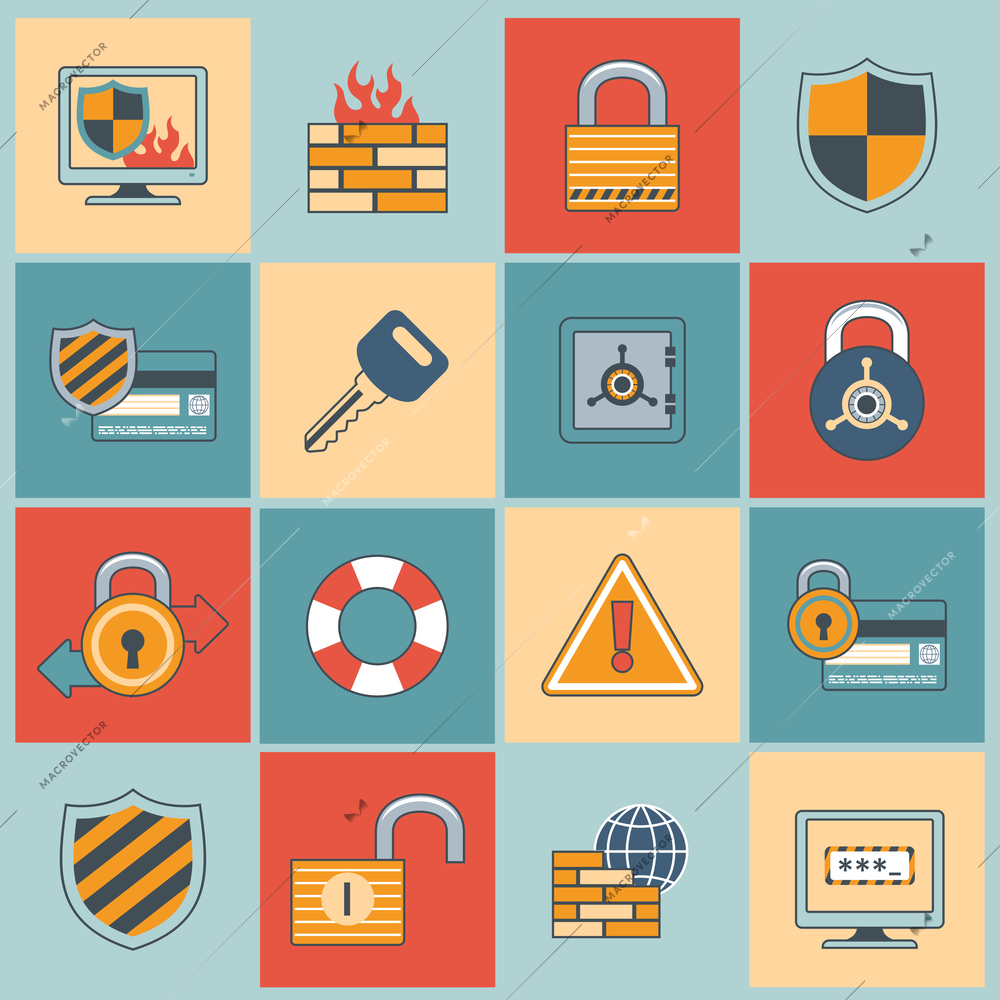 Security computer network data safe mobile secure flat line icons set isolated vector illustration