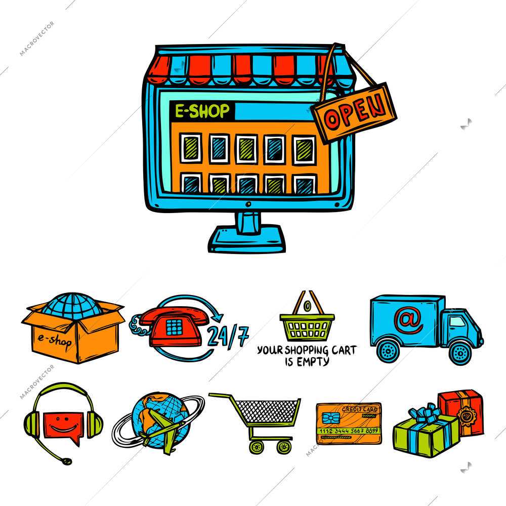 Online shopping decorative icons set with choice of goods delivery mobile payment worldwide isolated doodle vector illustration