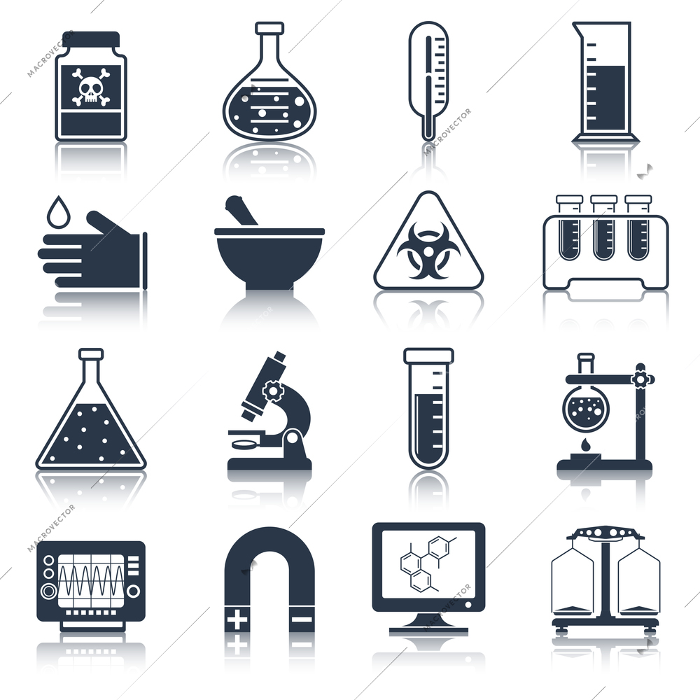 Science and research laboratory black icons set with poison tube thermometer glass isolated vector illustration