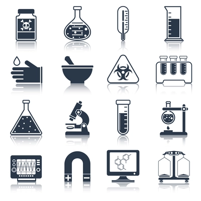 Science and research laboratory black icons set with poison tube thermometer glass isolated vector illustration