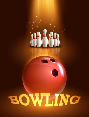 Bowling ball and pins realistic game poster with dark background vector illustration