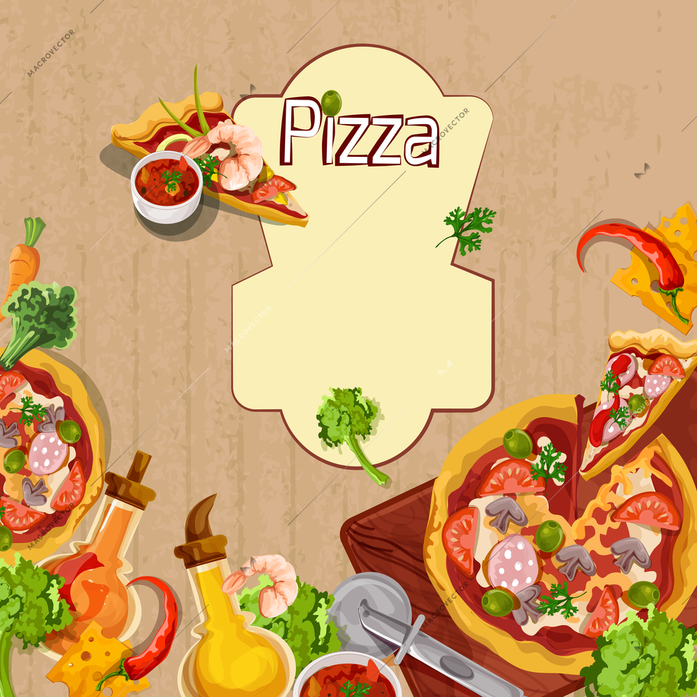 Delicious pizza cut food slices and seasoning background template vector illustration