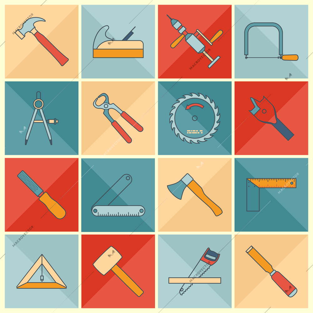 Carpentry wood work flat line icons tools and equipment with cutter level chisel isolated vector illustration.