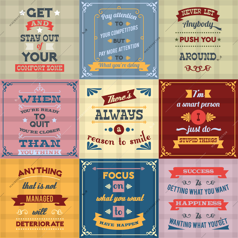 Success motivational success life and inspiration quotes colored labels set isolated vector illustration