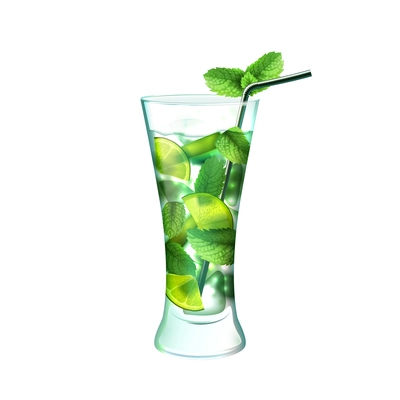 Mojito realistic cocktail in glass with lime mint and drinking straw isolated on white background vector illustration