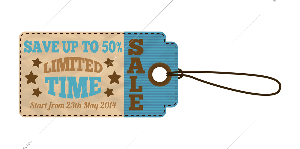 Sale tag design composition with isolated image of attachable tag with string and editable text vector illustration