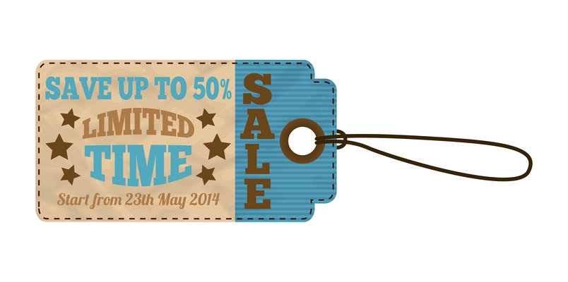 Sale tag design composition with isolated image of attachable tag with string and editable text vector illustration