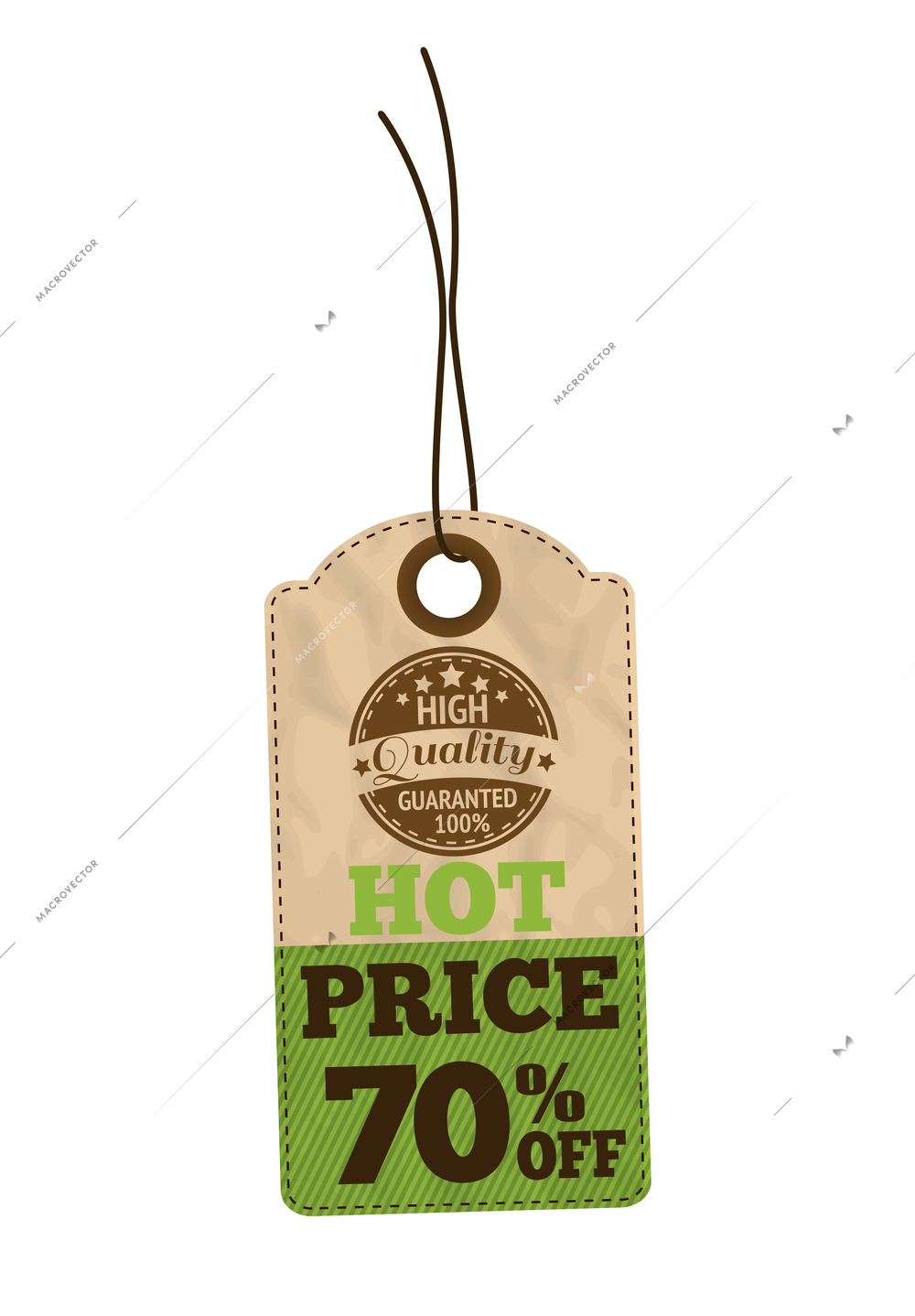 Sale tag design composition with isolated image of hanging tag with string and editable text vector illustration