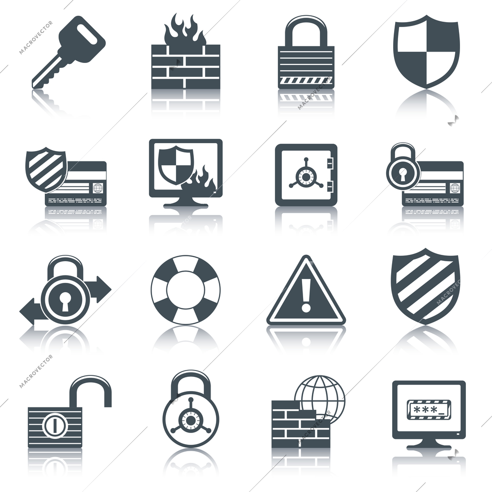 Security internet computer network data safe mobile secure black icons set isolated vector illustration