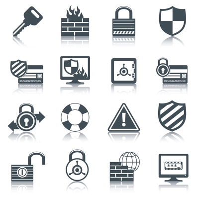 Security internet computer network data safe mobile secure black icons set isolated vector illustration