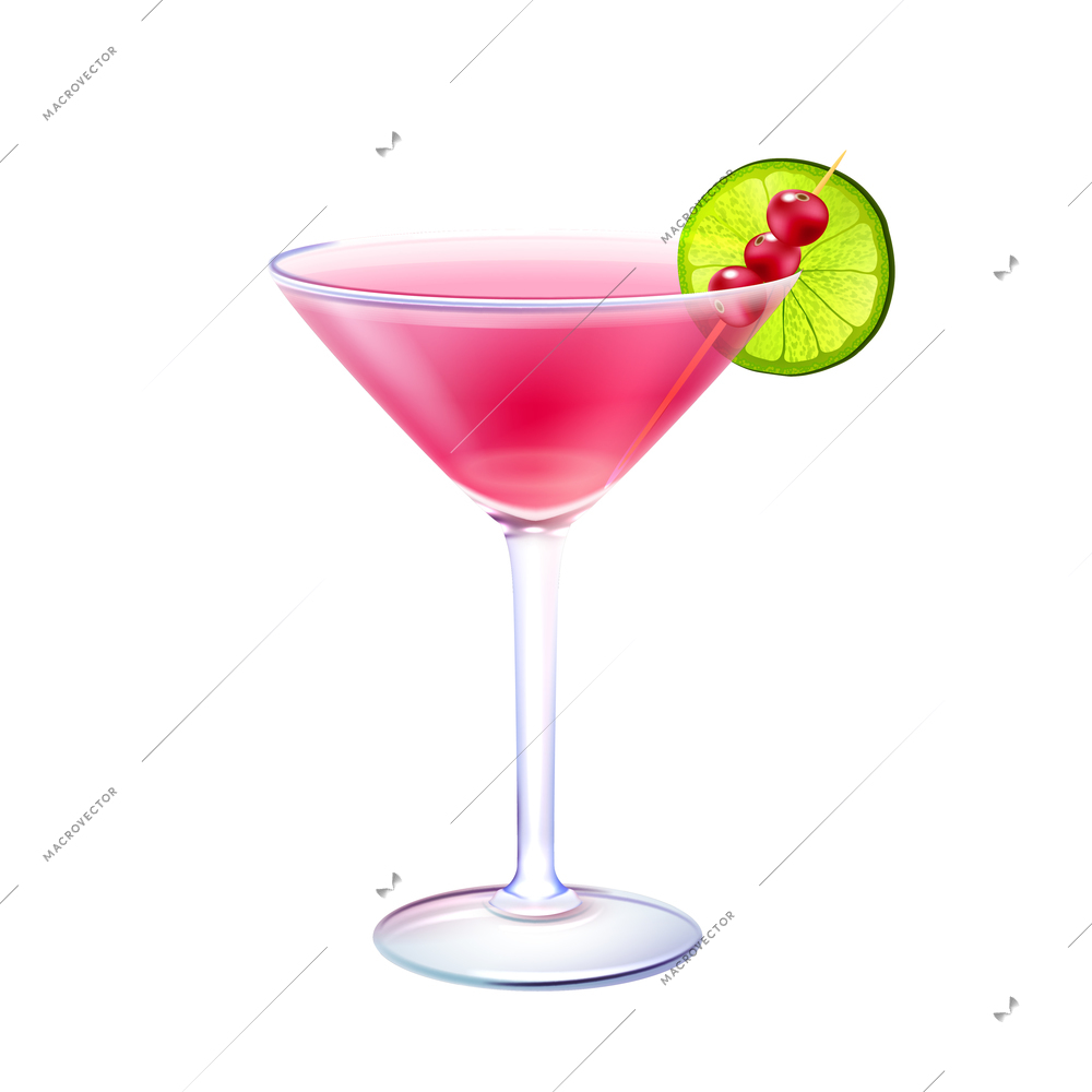 Cosmopolitan realistic cocktail in glass with lime slice and cranberry stick isolated on white background vector illustration