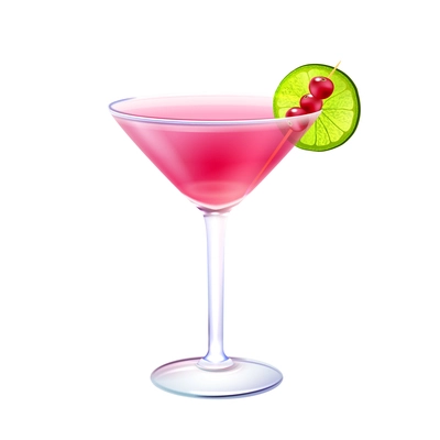 Cosmopolitan realistic cocktail in glass with lime slice and cranberry stick isolated on white background vector illustration