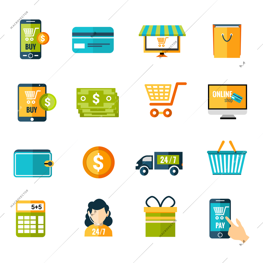 Online shopping e-commerce advertising commercial services flat icons set isolated vector illustration