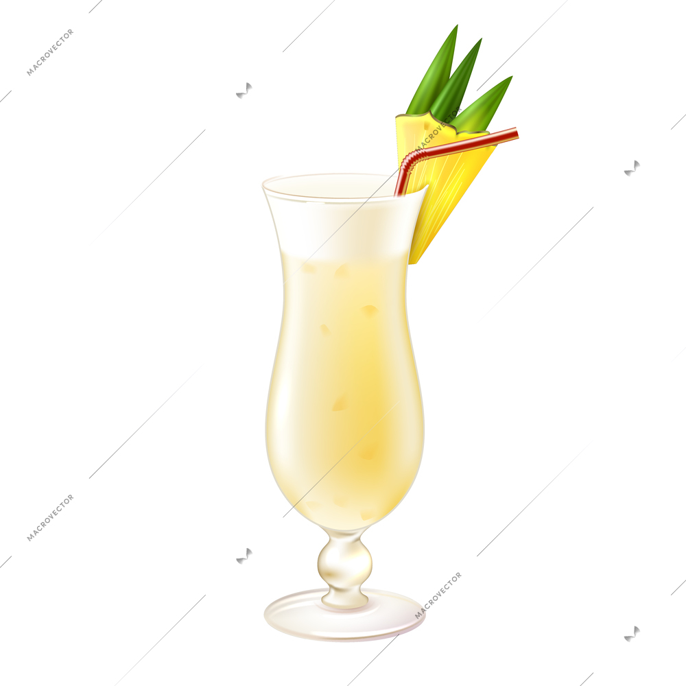 Pina colada realistic cocktail in glass with pineapple slice and drinking straw isolated on white background vector illustration